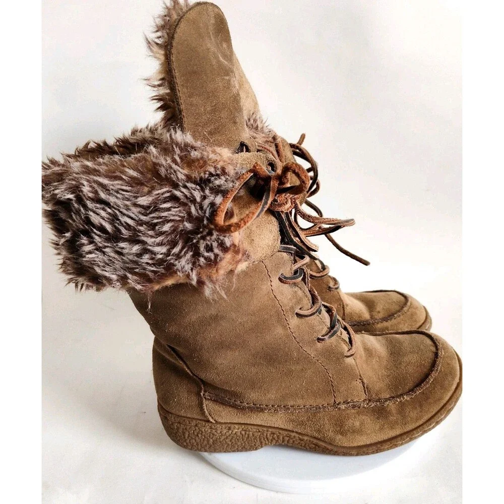 Steve Madden Camel Tan Shearling Lined Lace-up Suede 5.5 Square Toe Winter Boots